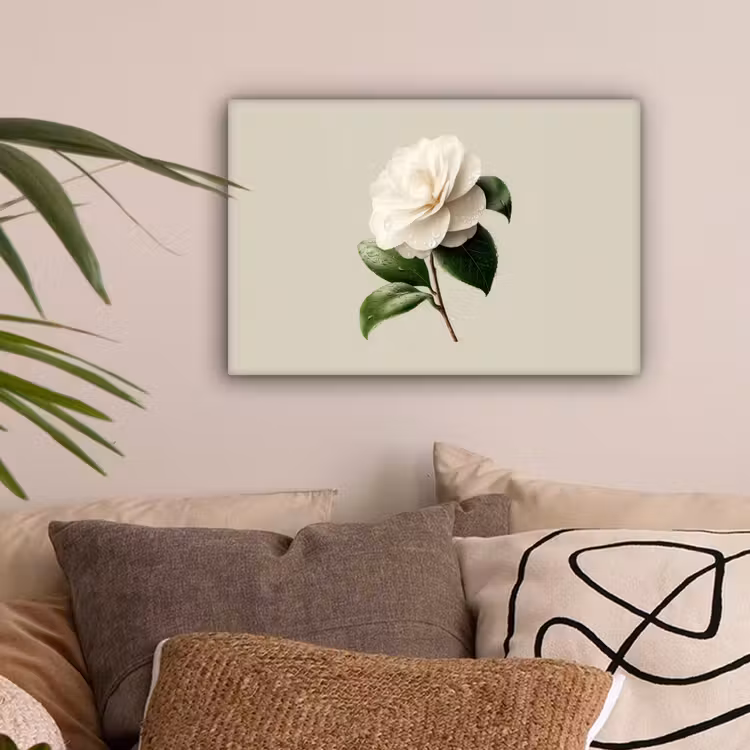 Cameliabloem - Wit - Groen canvas 2cm klein -sfeer1