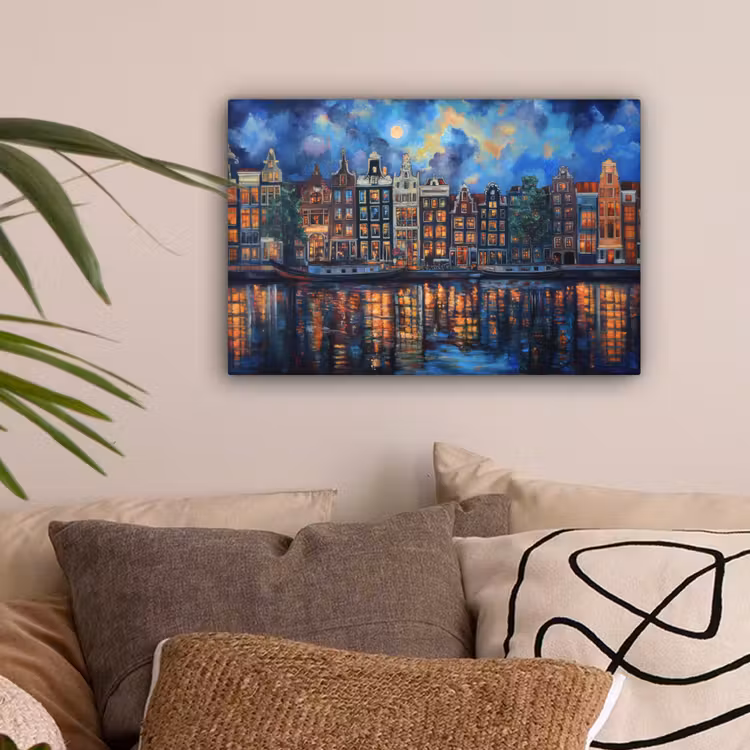 Grachten Amsterdam - Huizen - Stad - Kleurrijk canvas 2cm klein -sfeer1