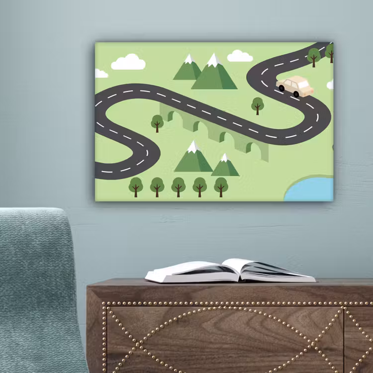 Auto - Bergweg - Natuur - Illustratie canvas 2cm klein -sfeer4