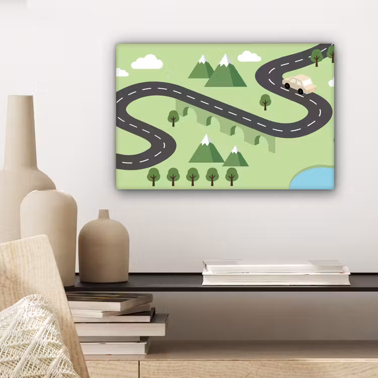 Auto - Bergweg - Natuur - Illustratie canvas 2cm klein -sfeer6