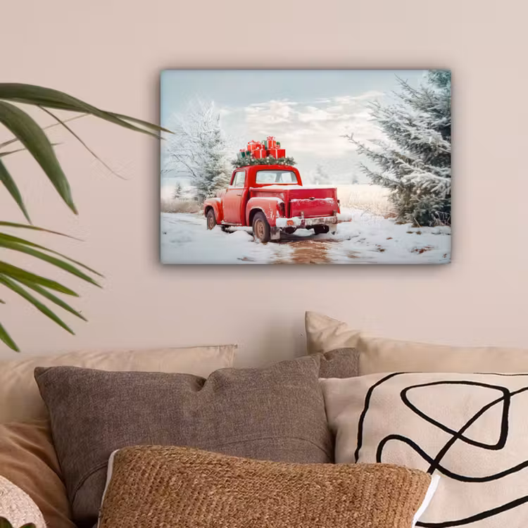 Auto - Rood - Cadeaus - Winter - Sneeuw - Kerst canvas 2cm klein -sfeer1