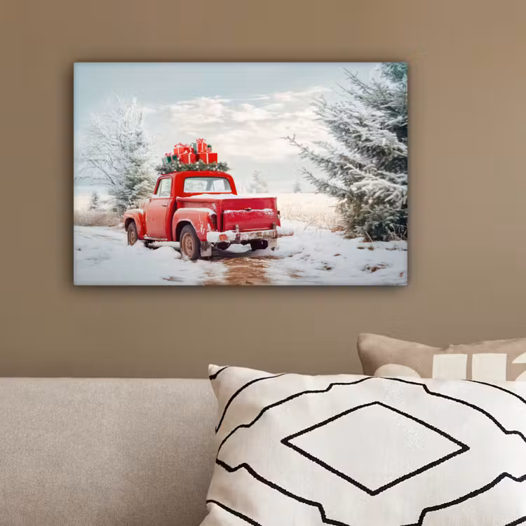 Auto - Rood - Cadeaus - Winter - Sneeuw - Kerst canvas 2cm klein -sfeer3