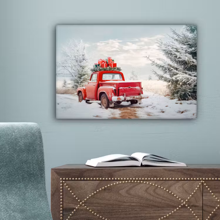 Auto - Rood - Cadeaus - Winter - Sneeuw - Kerst canvas 2cm klein -sfeer4
