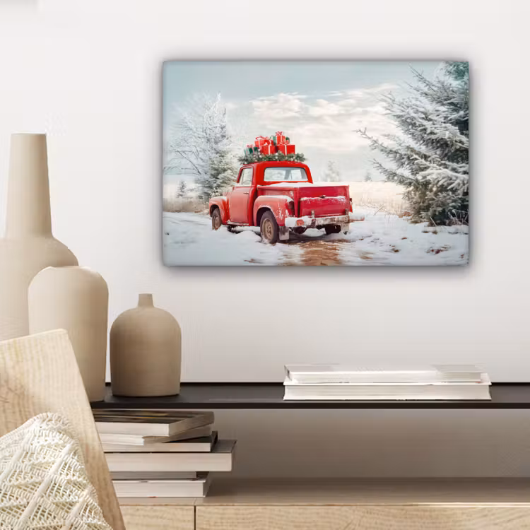 Auto - Rood - Cadeaus - Winter - Sneeuw - Kerst canvas 2cm klein -sfeer6