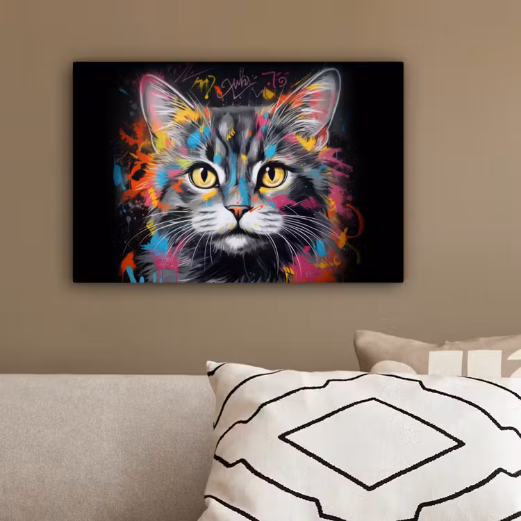 Kat - Graffiti - Dieren - Kleuren - Grijs canvas 2cm klein -sfeer3