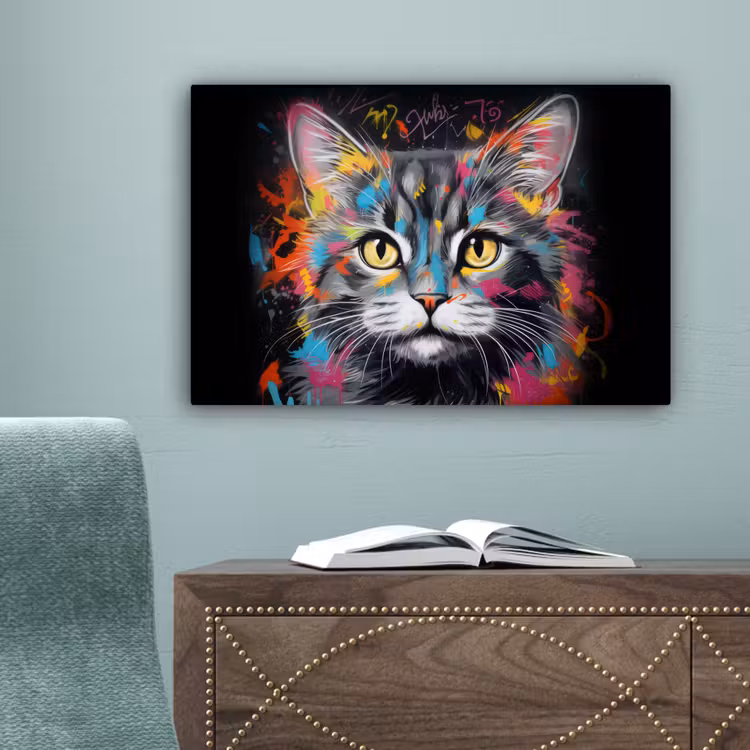 Kat - Graffiti - Dieren - Kleuren - Grijs canvas 2cm klein -sfeer4