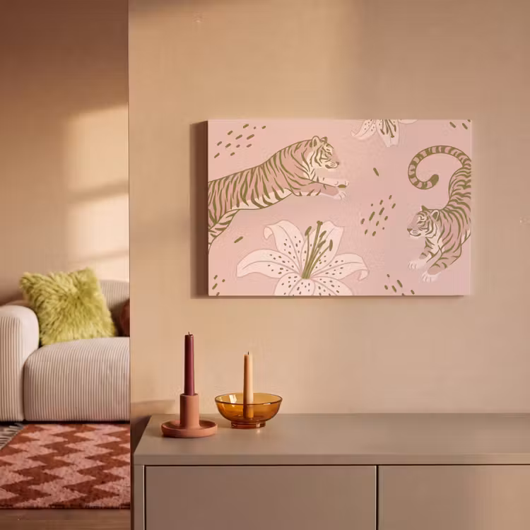 Kat - Springend - Bloemen - Abstract - Roze canvas 2cm klein -sfeer1