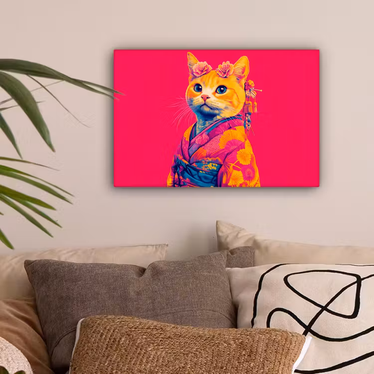 Kat - Kimono - Bloemen - Roze canvas 2cm klein -sfeer1