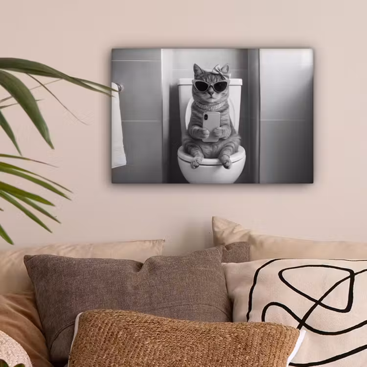 Kat - Telefoon - Toilet - Zwart - Wit canvas 2cm klein -sfeer1