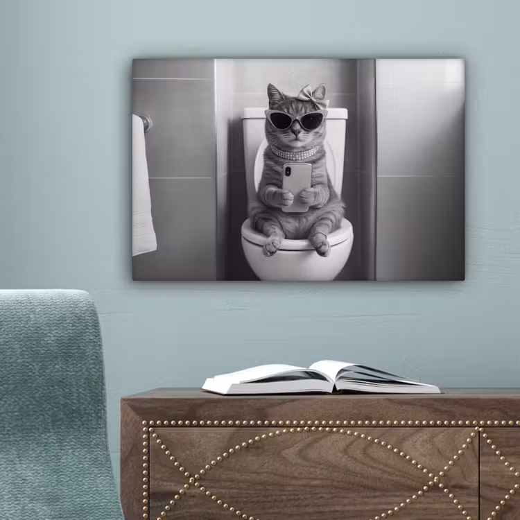 Kat - Telefoon - Toilet - Zwart - Wit canvas 2cm klein -sfeer4