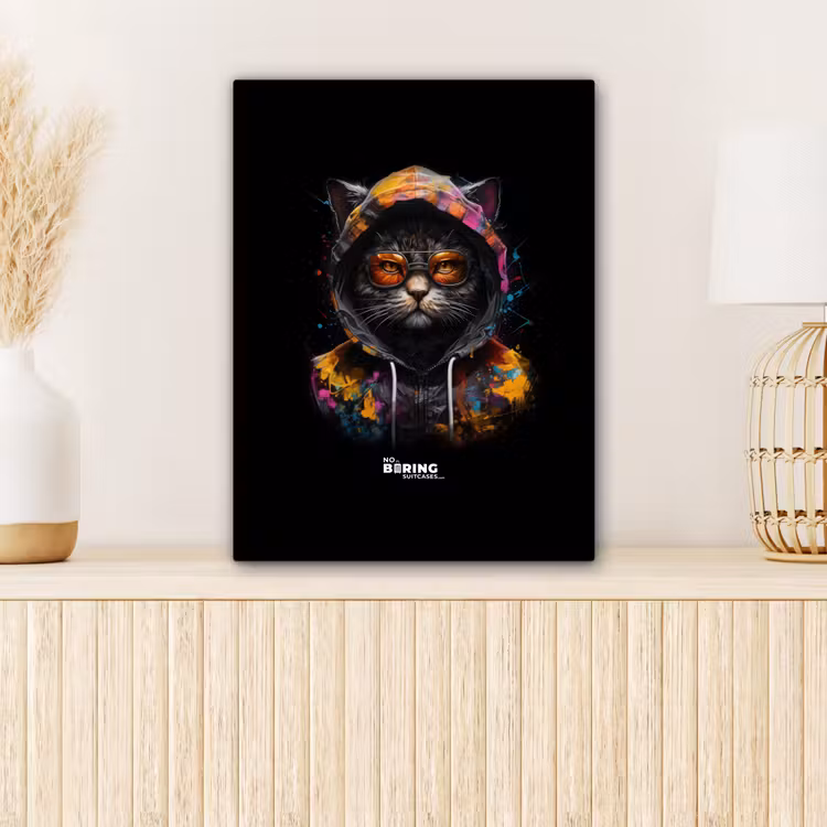 Kat met kleurrijk vest en oranje bril canvas 2cm klein -sfeer5