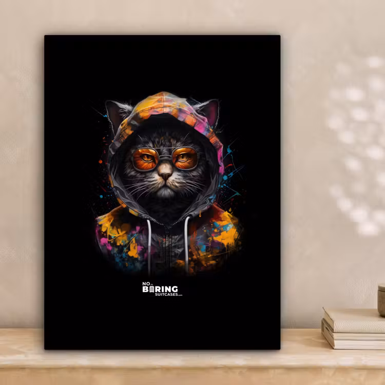 Kat met kleurrijk vest en oranje bril canvas 2cm klein -sfeer1