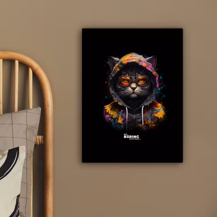 Kat met kleurrijk vest en oranje bril canvas 2cm klein -sfeer3