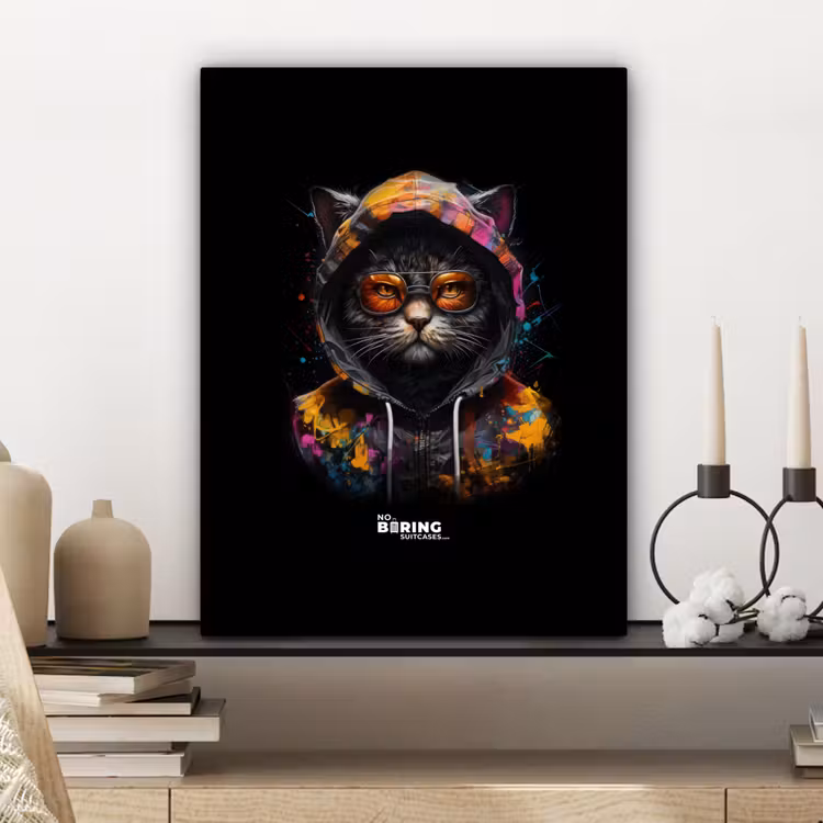 Kat met kleurrijk vest en oranje bril canvas 2cm klein -sfeer6
