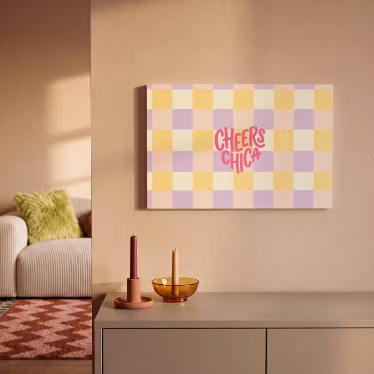 Cheers Chica - Ruitjes - Lila - Geel canvas 2cm klein -sfeer1