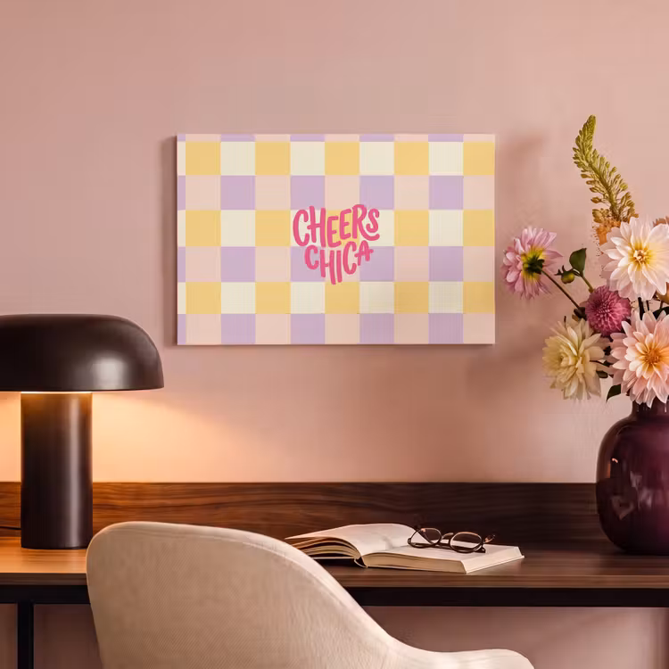 Cheers Chica - Ruitjes - Lila - Geel canvas 2cm klein -sfeer4