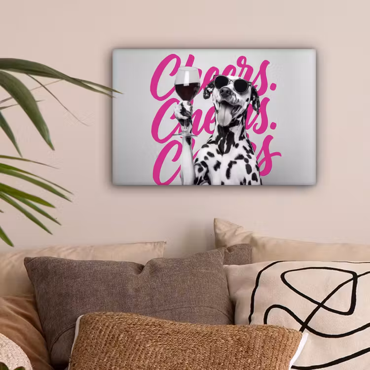 Cheers - Hond - Roze - Wijn canvas 2cm klein -sfeer1