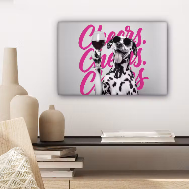 Cheers - Hond - Roze - Wijn canvas 2cm klein -sfeer6