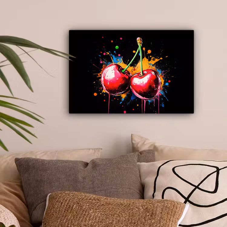 Kersen - Fruit - Graffiti - Verf - Abstract - Modern - Kleurrijk canvas 2cm klein -sfeer1