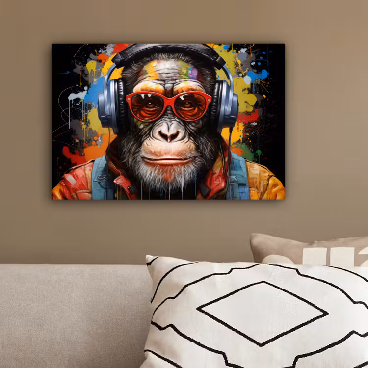 Chimpansee - Aap - dieren - Graffiti - Bril - Koptelefoon - Kleuren canvas 2cm klein -sfeer3