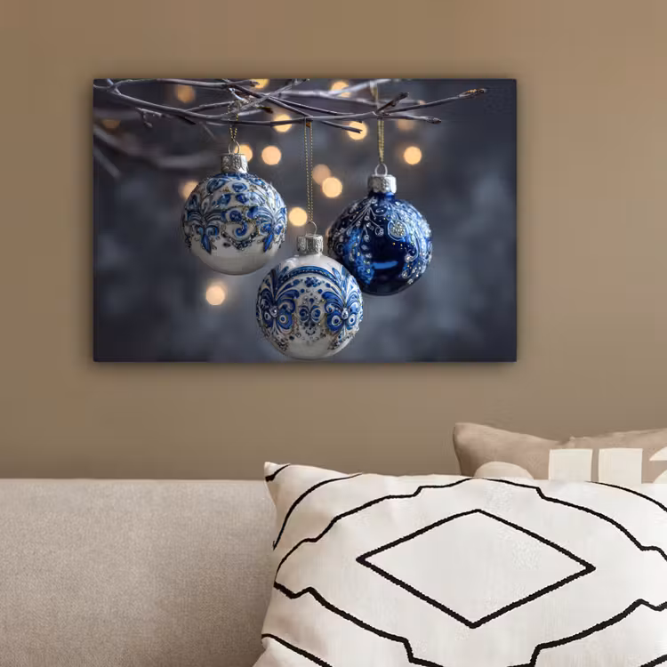 Kerstbal - Versierd - Blauw canvas 2cm klein -sfeer3