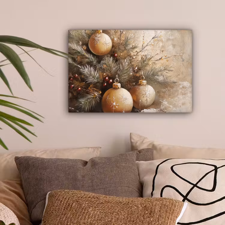 Kerst - Kerstballen - Beige - Goud canvas 2cm klein -sfeer1