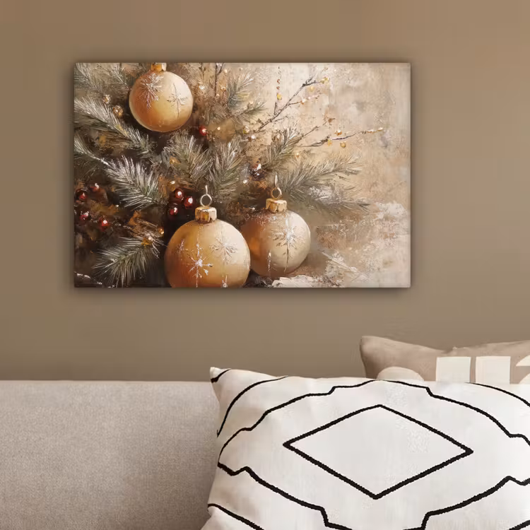 Kerst - Kerstballen - Beige - Goud canvas 2cm klein -sfeer3