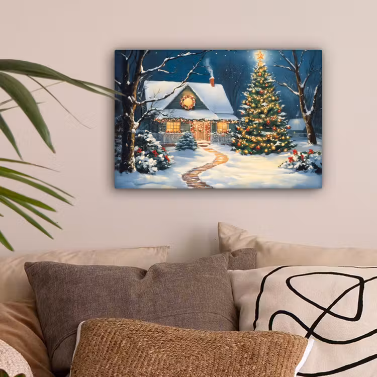 Kerst - Kerstboom - Winter - Huis - Sneeuw canvas 2cm klein -sfeer1