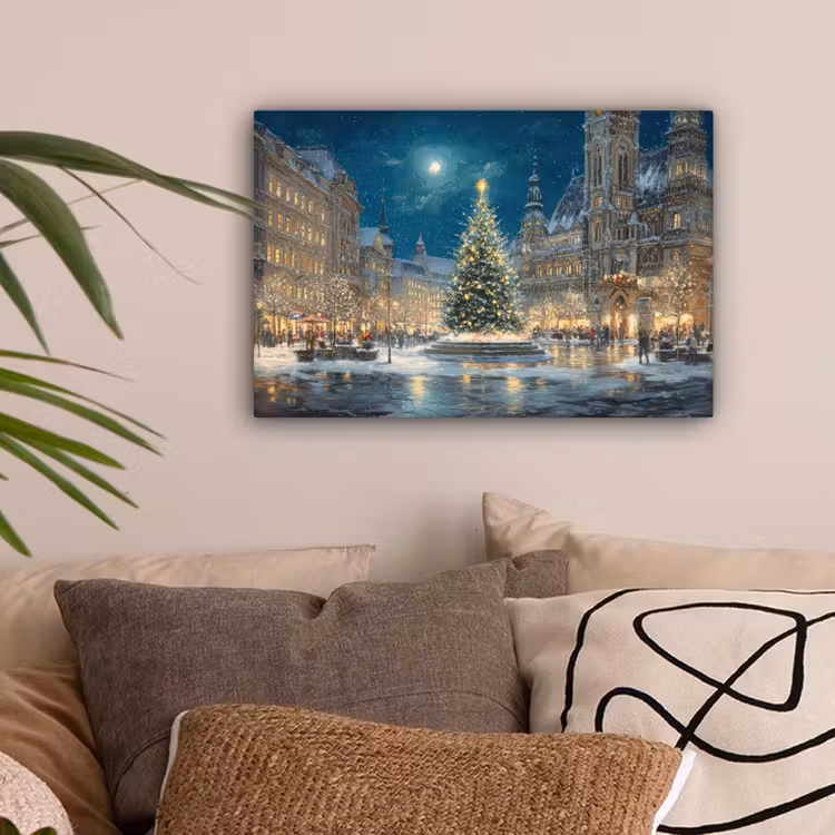 Kerstnacht - Stadsplein - Meerkleurig canvas 2cm klein -sfeer1