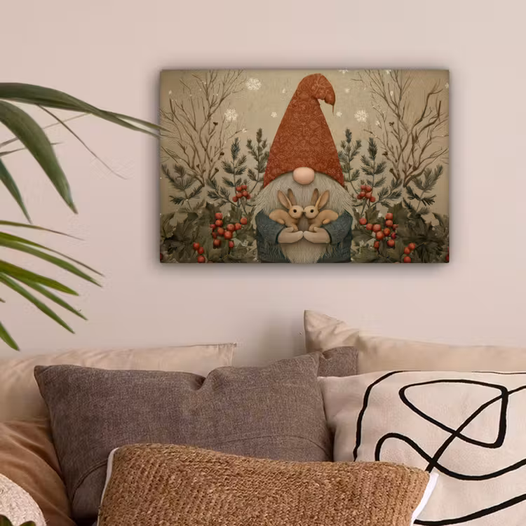 Kerstgnome - Konijntjes - Kleurrijk canvas 2cm klein -sfeer1