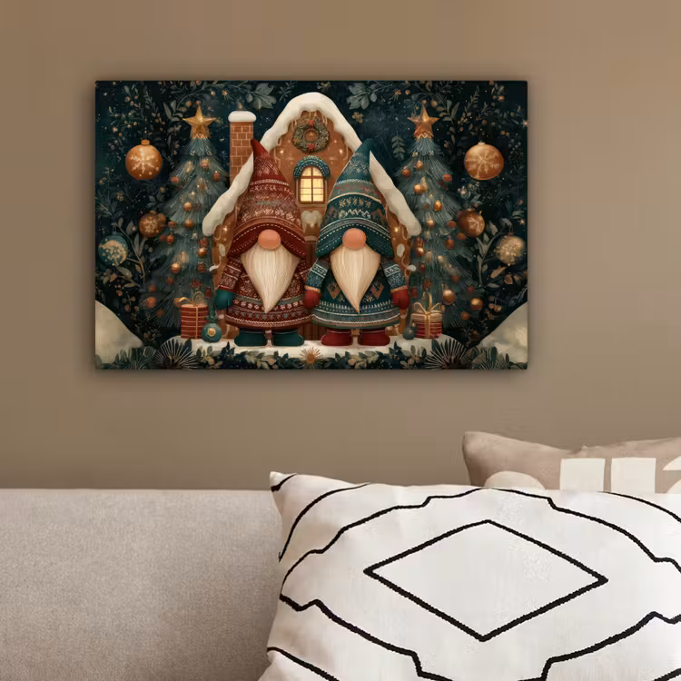Kerst - Gnomen - Peperkoekhuisje - Rood - Groen canvas 2cm klein -sfeer3