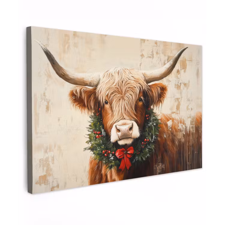 Kerst - Schotse Hooglander - Bruin - Krans canvas 2cm klein -z3d