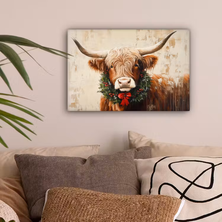 Kerst - Schotse Hooglander - Bruin - Krans canvas 2cm klein -sfeer1