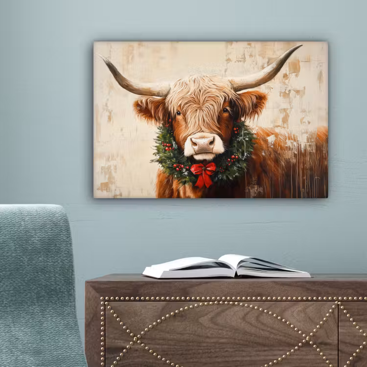 Kerst - Schotse Hooglander - Bruin - Krans canvas 2cm klein -sfeer4