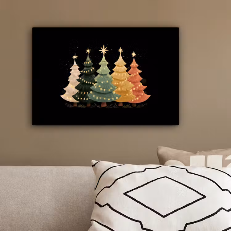 Kerstbomen - Kleurrijk - Lichtjes - Ster canvas 2cm klein -sfeer3
