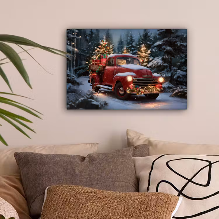 Kersttruck - Sneeuwbos - Rood canvas 2cm klein -sfeer1