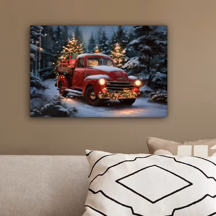 Kersttruck - Sneeuwbos - Rood canvas 2cm klein -sfeer3