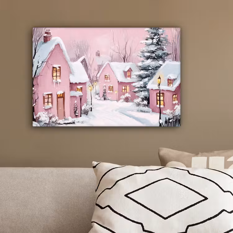 Kerstdorp - Roze - Winter - Sneeuw - Huizen canvas 2cm klein -sfeer3