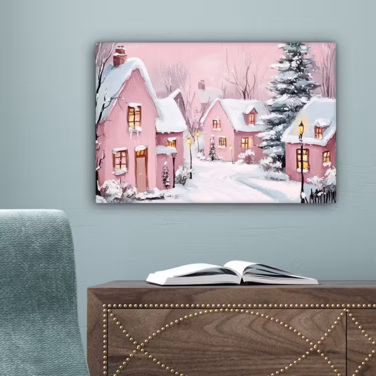 Kerstdorp - Roze - Winter - Sneeuw - Huizen canvas 2cm klein -sfeer4