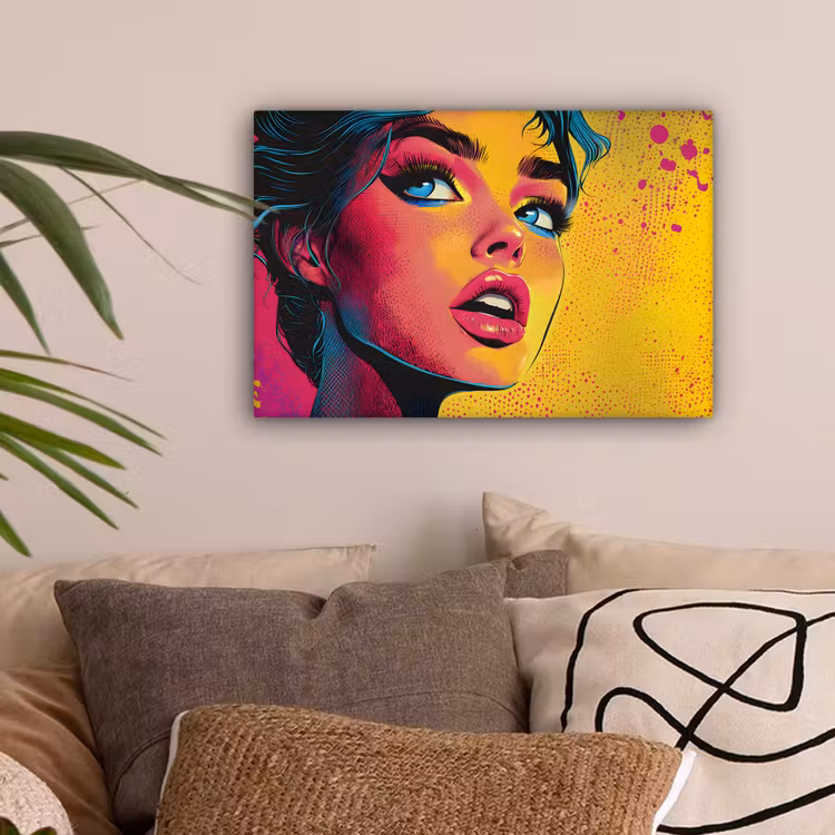Close-up - Vrouwengezicht - Stippen - Geel canvas 2cm klein -sfeer1