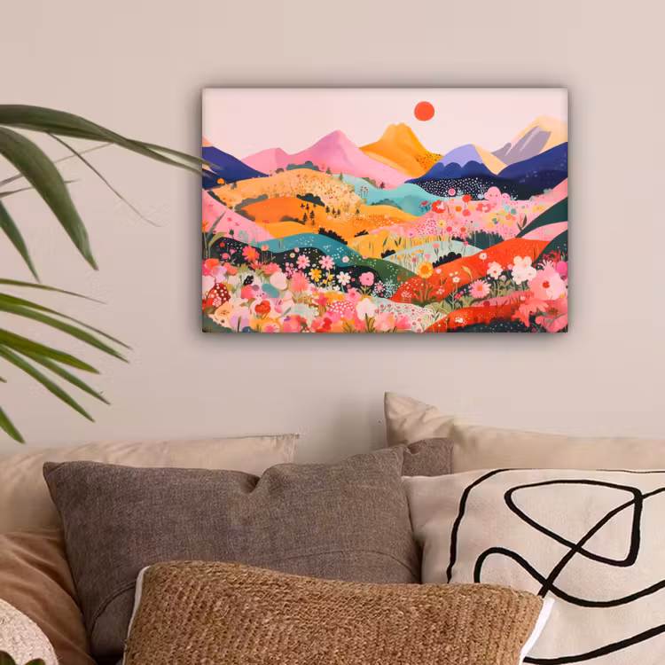 Kleurrijke bloemen - Bergen - Fantasielandschap canvas 2cm klein -sfeer1