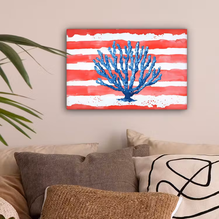 Koraal - Verfstructuur - Rood - Blauw canvas 2cm klein -sfeer1