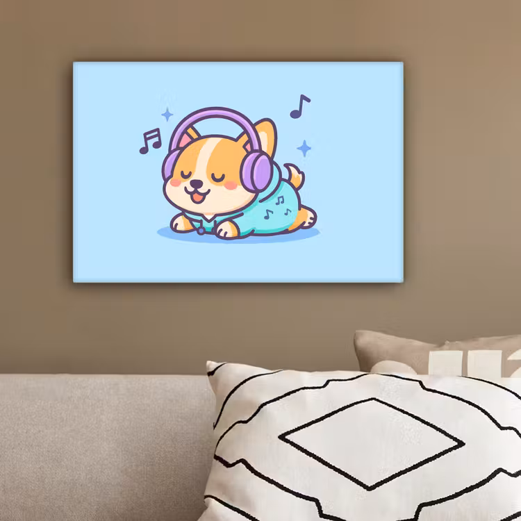 Corgi - Koptelefoon - Blauw - Muzieknoten canvas 2cm klein -sfeer3