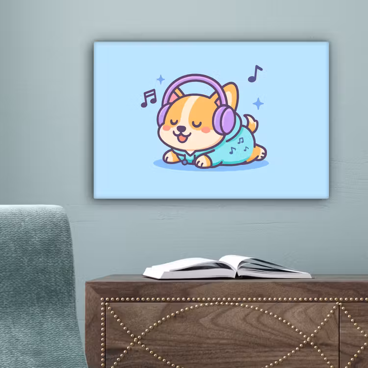 Corgi - Koptelefoon - Blauw - Muzieknoten canvas 2cm klein -sfeer4