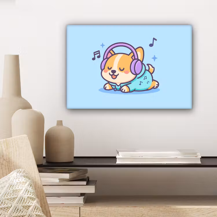 Corgi - Koptelefoon - Blauw - Muzieknoten canvas 2cm klein -sfeer6