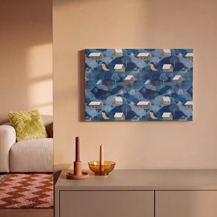 Huisjes - Vogels - Sneeuw - Winter - Blauw canvas 2cm klein 34 -sfeer1