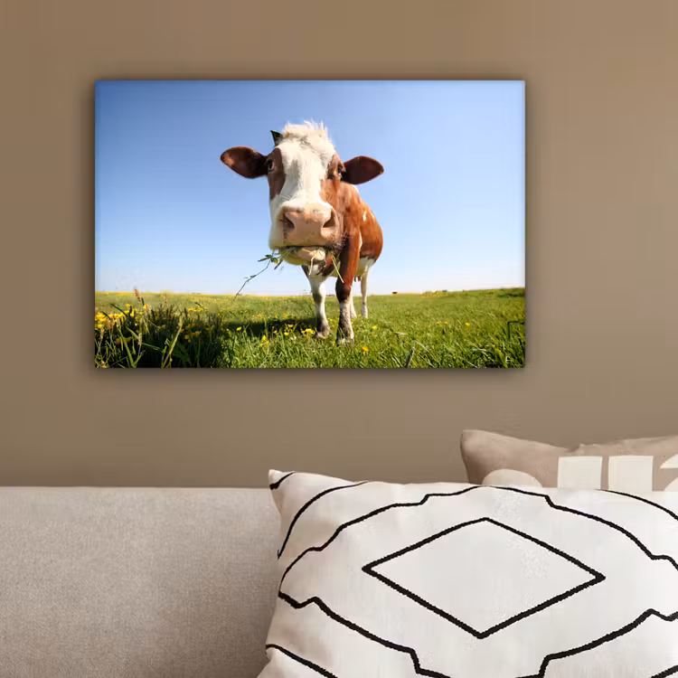 Koe - Dieren - Bloemen - Gras canvas 2cm klein -sfeer3
