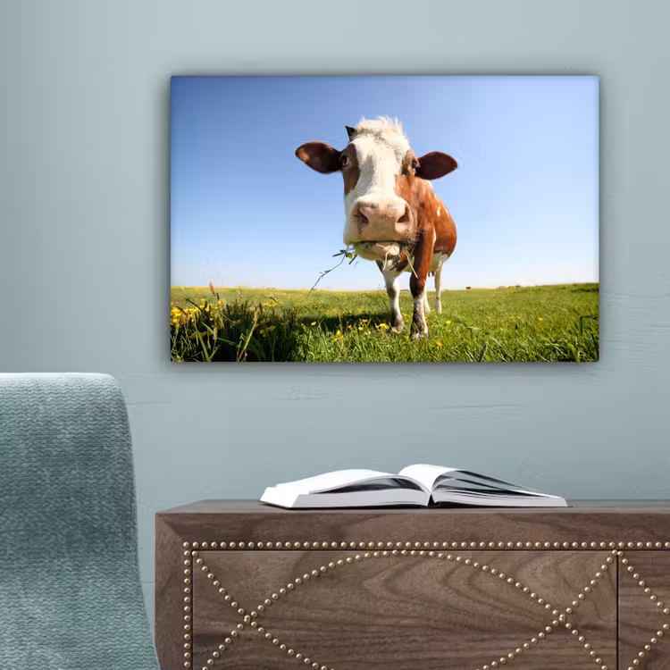 Koe - Dieren - Bloemen - Gras canvas 2cm klein -sfeer4