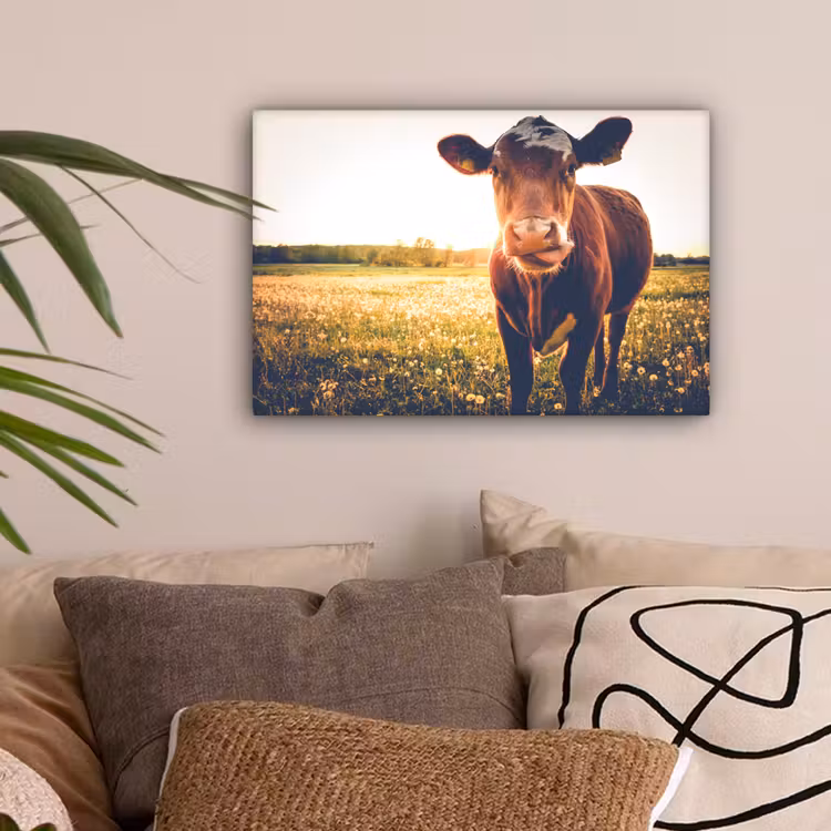 Koe - Zonsondergang - Bloemen - Gras - Dieren canvas 2cm klein -sfeer1