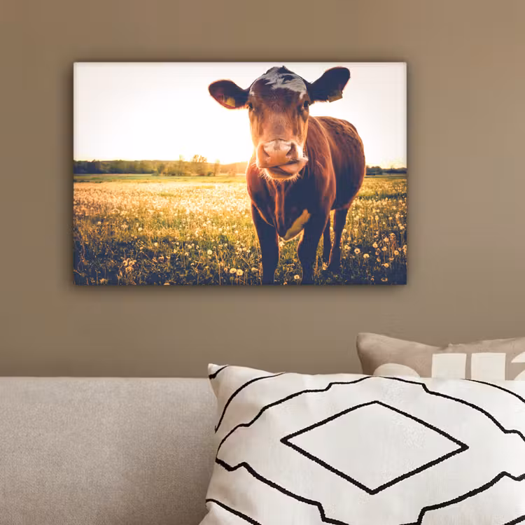 Koe - Zonsondergang - Bloemen - Gras - Dieren canvas 2cm klein -sfeer3
